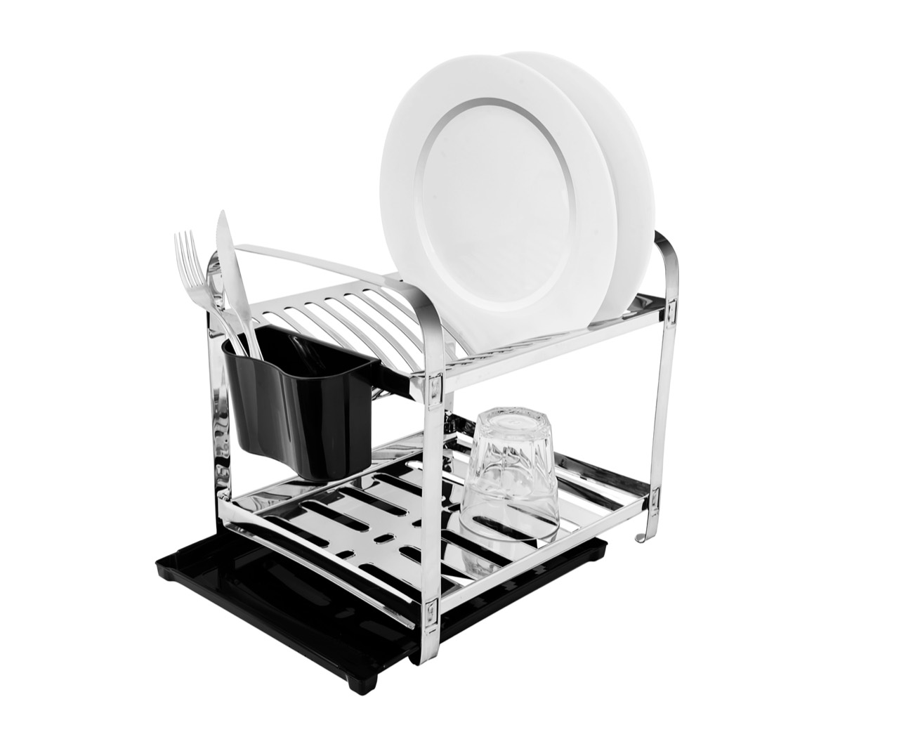 Escorredor Montado Mak-Inox para 12 pratos com porta-talheres plástico e bandeja coletora plástica