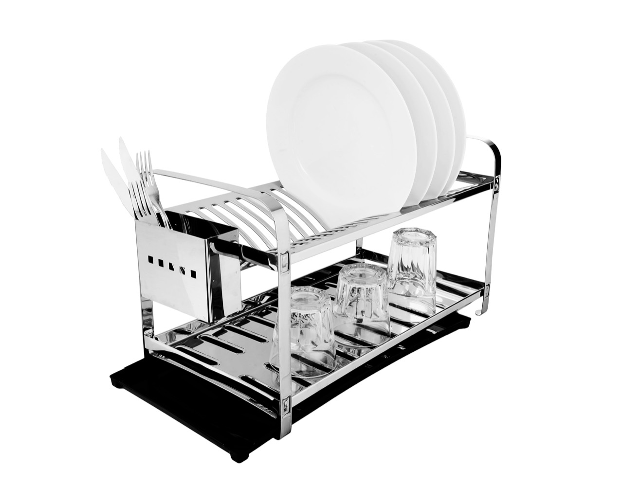 Escorredor Montado Mak-Inox para 12 pratos com porta-talheres inox e bandeja coletora plástica