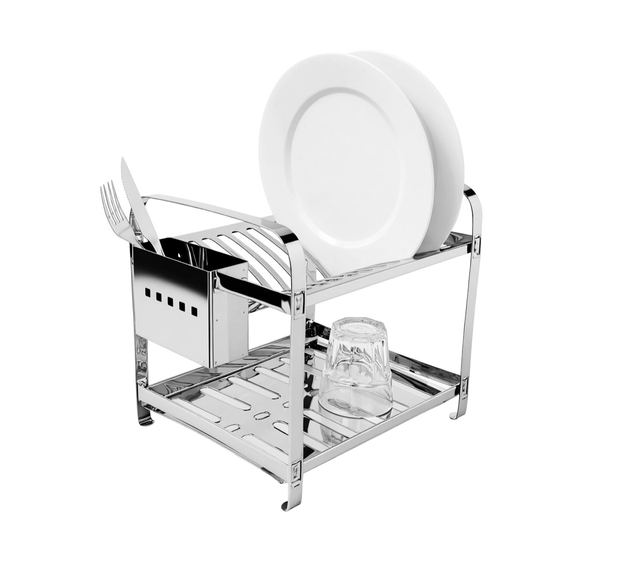 Escorredor Montado Mak-Inox para 12 pratos com porta-talheres inox