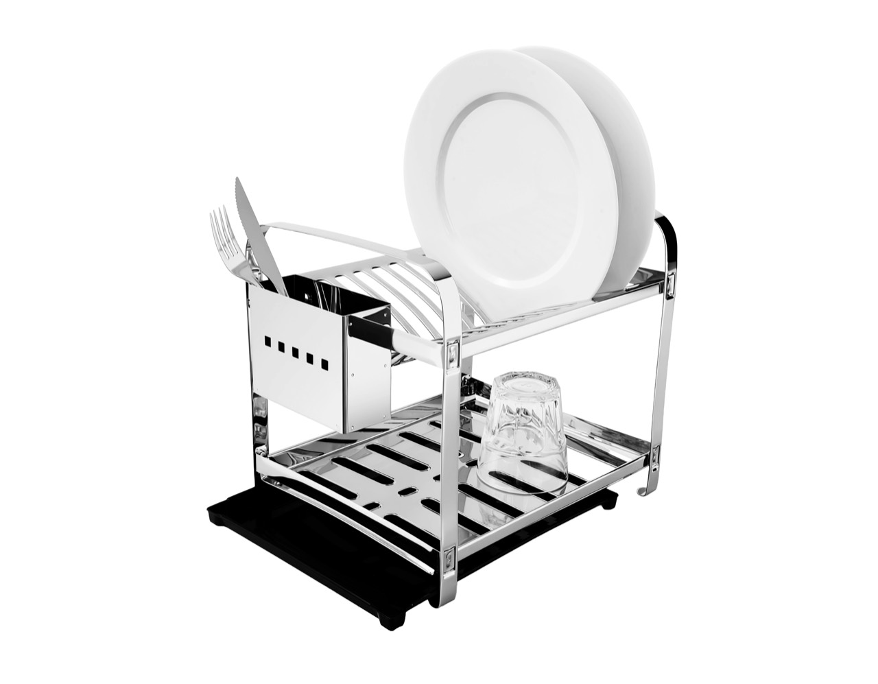 Escorredor Montado Mak-Inox para 16 pratos com porta-talheres inox e bandeja coletora plástica