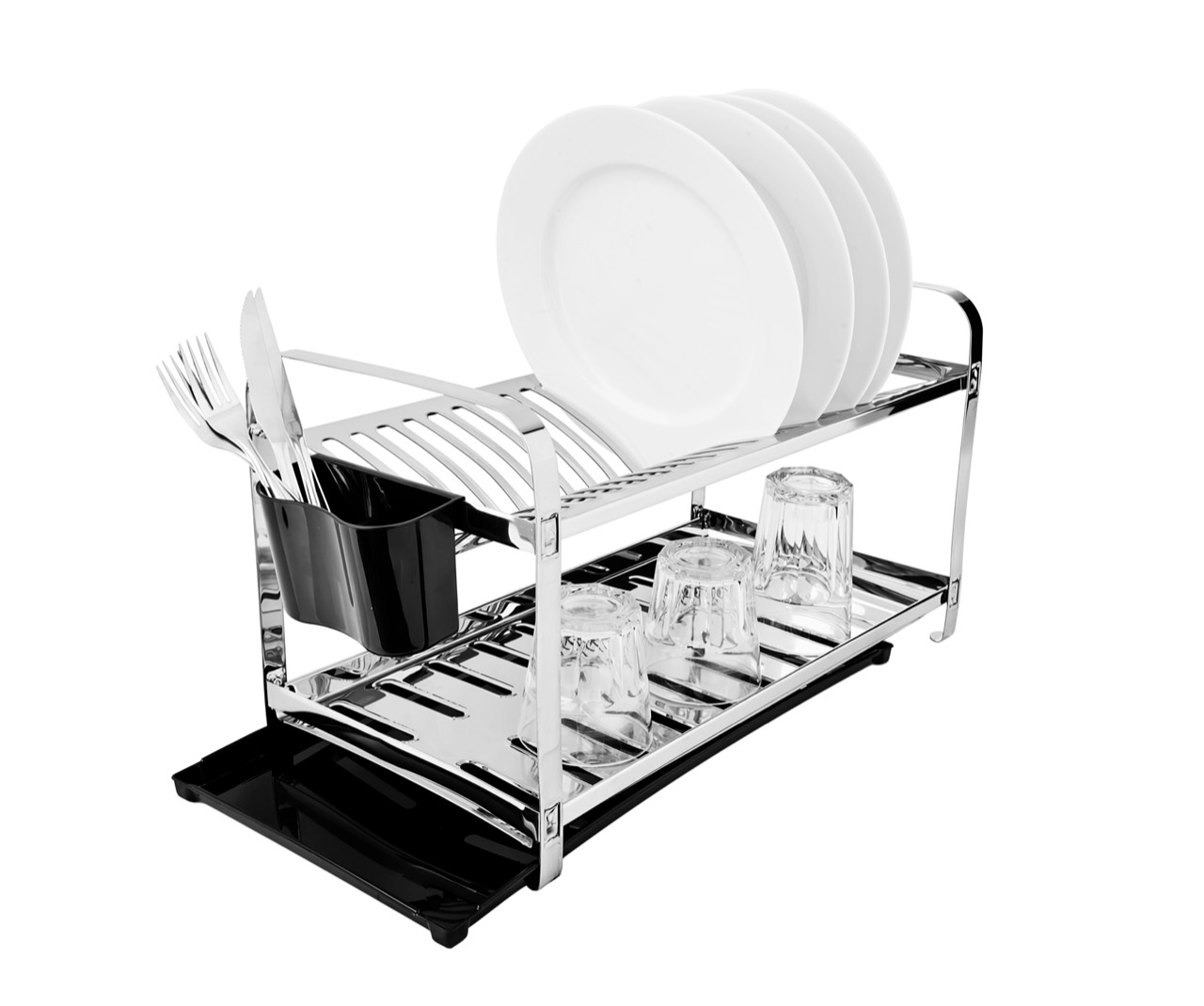 Escorredor Montado Mak-Inox para 20 pratos com porta-talheres plástico e bandeja coletora plástica