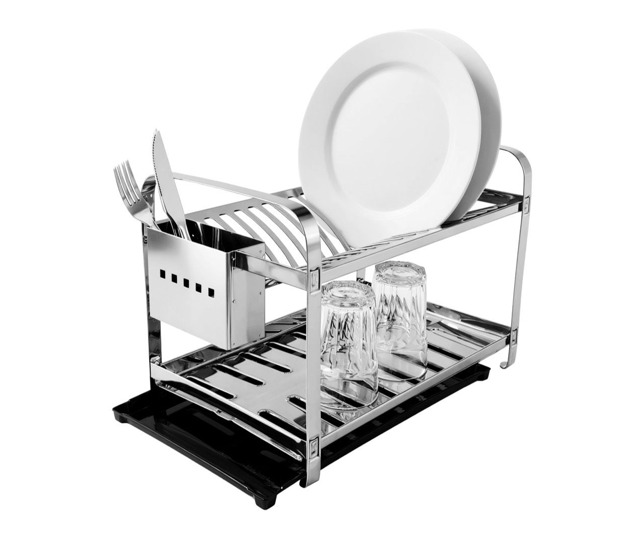 Escorredor Montado Mak-Inox para 20 pratos com porta-talheres inox e bandeja coletora plástica