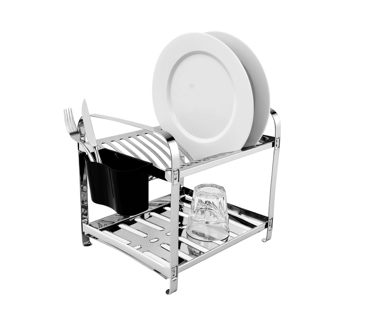 Escorredor Montado Mak-Inox para 12 pratos com porta-talheres plástico